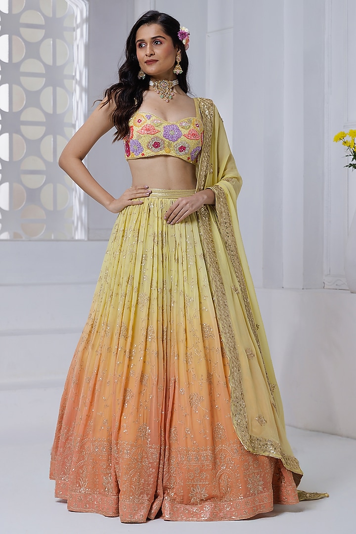 Yellow & Rust Ombre Georgette Hand Embroidered & Floral Printed Wedding Lehenga Set by AJAY & PRIYANKA at Pernia's Pop Up Shop