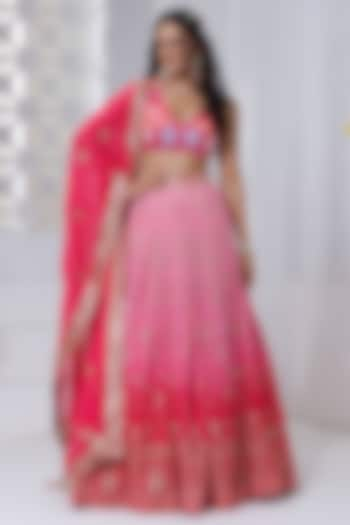 Fuchsia Pink Ombre Georgette Hand Embroidered & Floral Printed Wedding Lehenga Set by AJAY & PRIYANKA at Pernia's Pop Up Shop