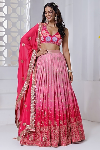 Fuchsia Pink Ombre Georgette Hand Embroidered & Floral Printed Lehenga Set by AJAY & PRIYANKA