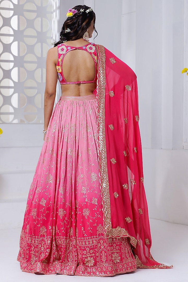 Fuchsia Pink Ombre Georgette Hand Embroidered & Floral Printed Wedding Lehenga Set by AJAY & PRIYANKA at Pernia's Pop Up Shop