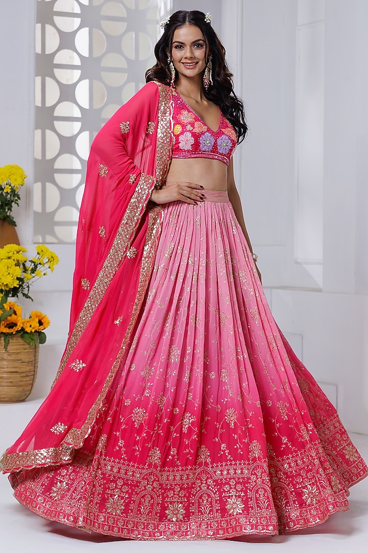 Fuchsia Pink Ombre Georgette Hand Embroidered & Floral Printed Wedding Lehenga Set by AJAY & PRIYANKA at Pernia's Pop Up Shop