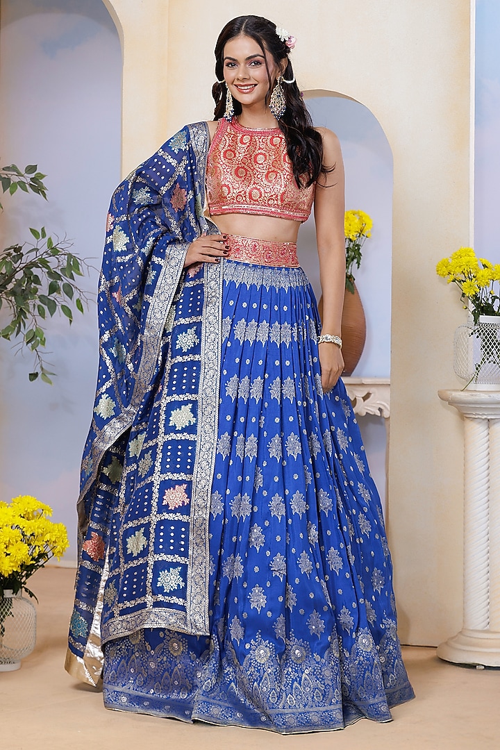 Royal Blue Silk Brocade Hand Embroidered & Floral Printed Wedding Lehenga Set by AJAY & PRIYANKA at Pernia's Pop Up Shop