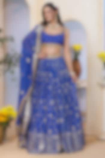 Royal Blue Georgette Hand Embroidered & Floral Printed Wedding Lehenga Set by AJAY & PRIYANKA at Pernia's Pop Up Shop