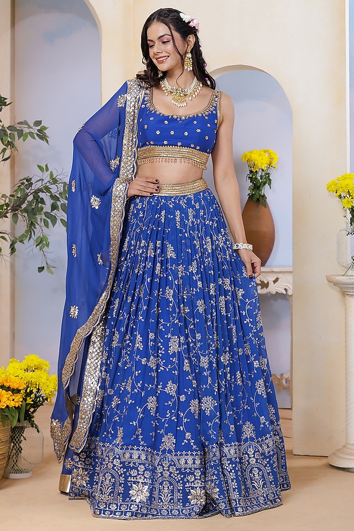 Royal Blue Georgette Hand Embroidered & Floral Printed Wedding Lehenga Set by AJAY & PRIYANKA at Pernia's Pop Up Shop