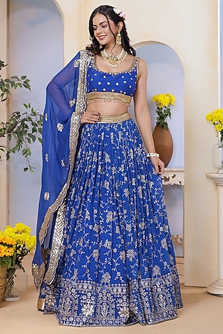 Royal Blue Georgette Hand Embroidered & Floral Printed Lehenga Set by AJAY & PRIYANKA