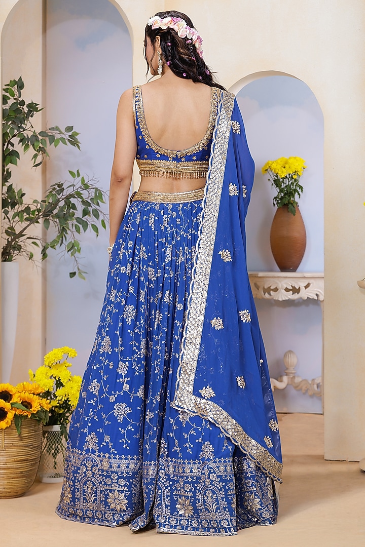 Royal Blue Georgette Hand Embroidered & Floral Printed Wedding Lehenga Set by AJAY & PRIYANKA at Pernia's Pop Up Shop