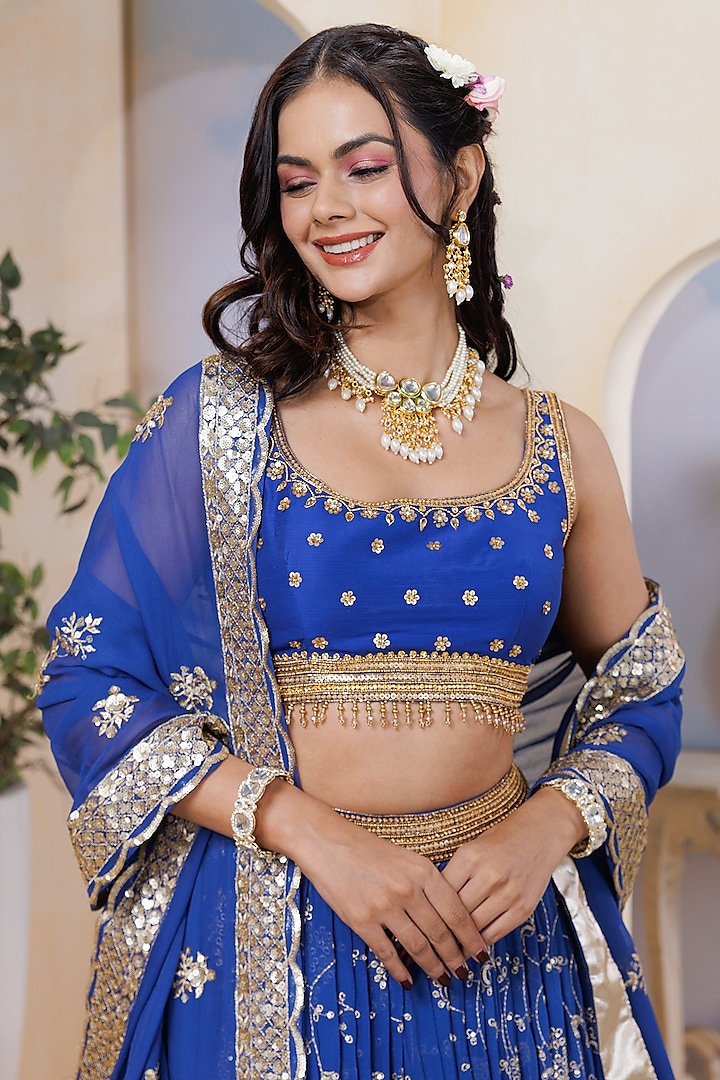 Royal Blue Georgette Hand Embroidered & Floral Printed Wedding Lehenga Set by AJAY & PRIYANKA at Pernia's Pop Up Shop