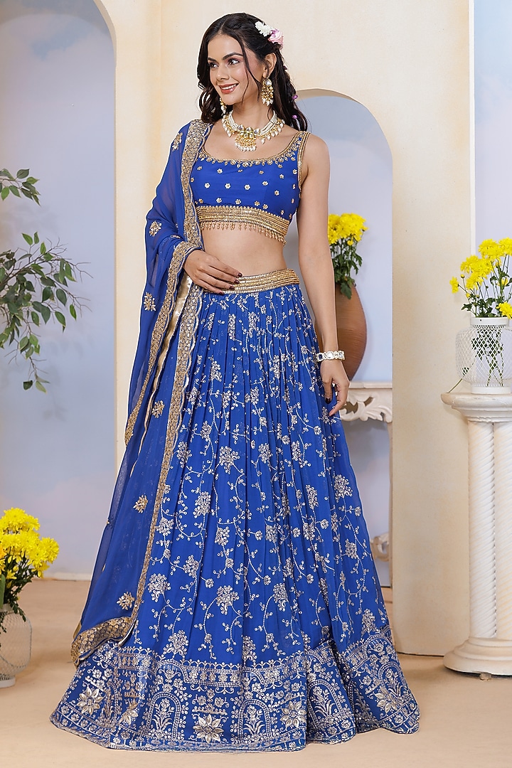 Royal Blue Georgette Hand Embroidered & Floral Printed Wedding Lehenga Set by AJAY & PRIYANKA at Pernia's Pop Up Shop