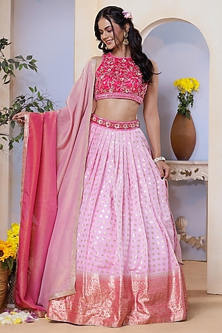 Pink Silk Brocade Hand Embroidered & Floral Printed Lehenga Set by AJAY & PRIYANKA