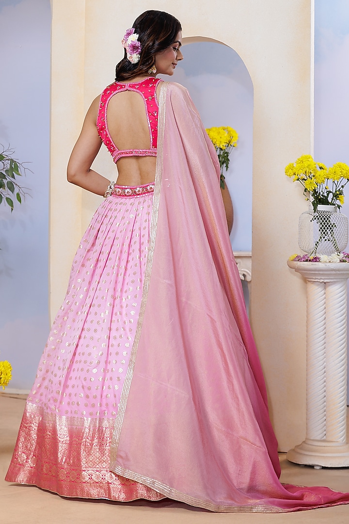 Pink Silk Brocade Hand Embroidered & Floral Printed Wedding Lehenga Set by AJAY & PRIYANKA at Pernia's Pop Up Shop