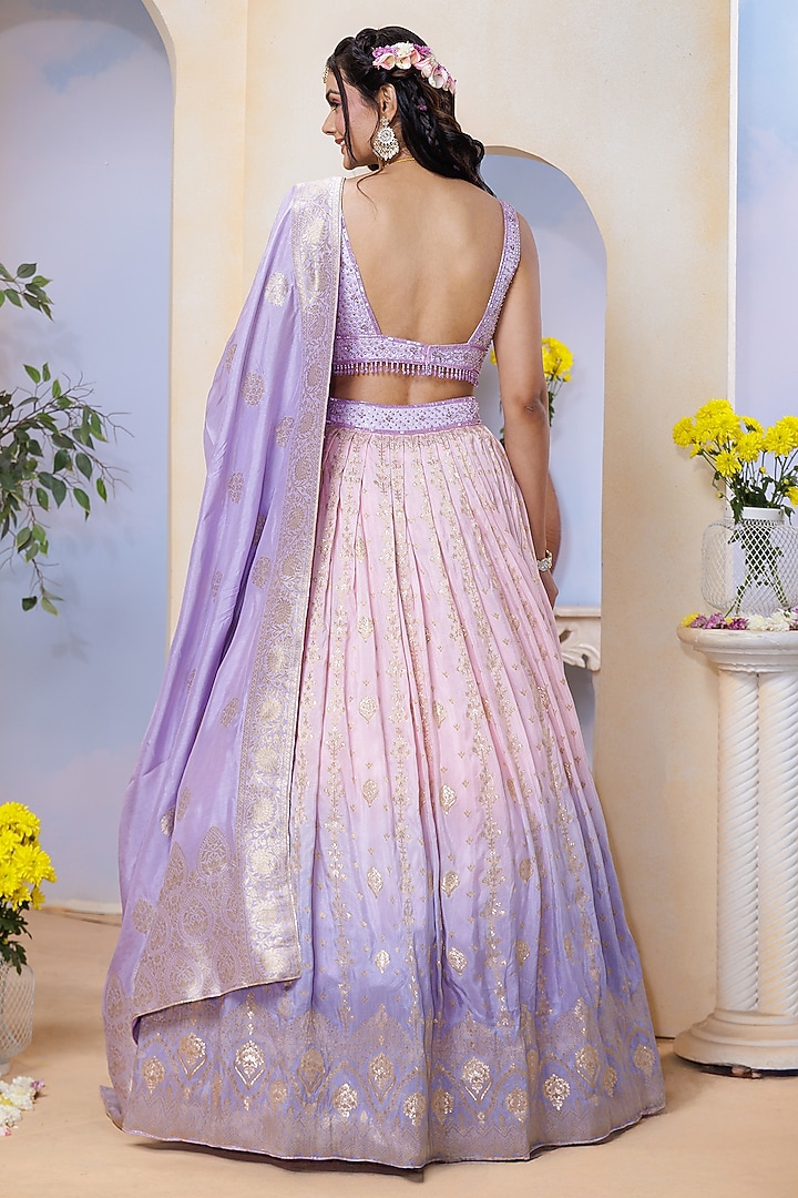 Lavender & Peach Ombre Silk Brocade Hand Embroidered & Floral Printed Wedding Lehenga Set by AJAY & PRIYANKA at Pernia's Pop Up Shop