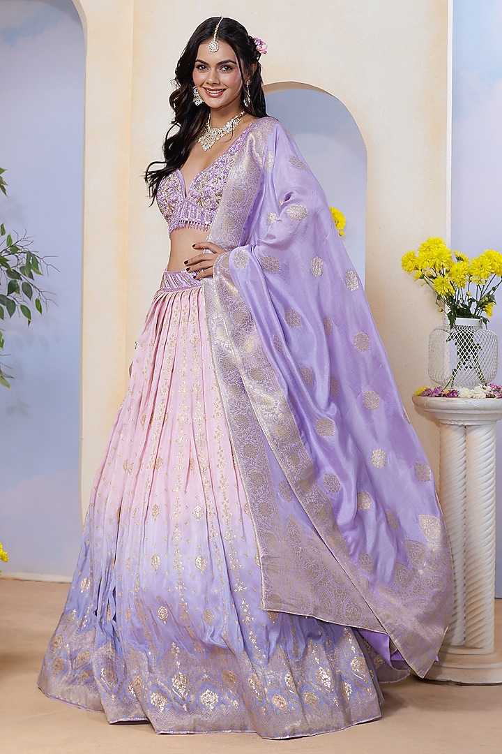 Lavender & Peach Ombre Silk Brocade Hand Embroidered & Floral Printed Wedding Lehenga Set by AJAY & PRIYANKA at Pernia's Pop Up Shop
