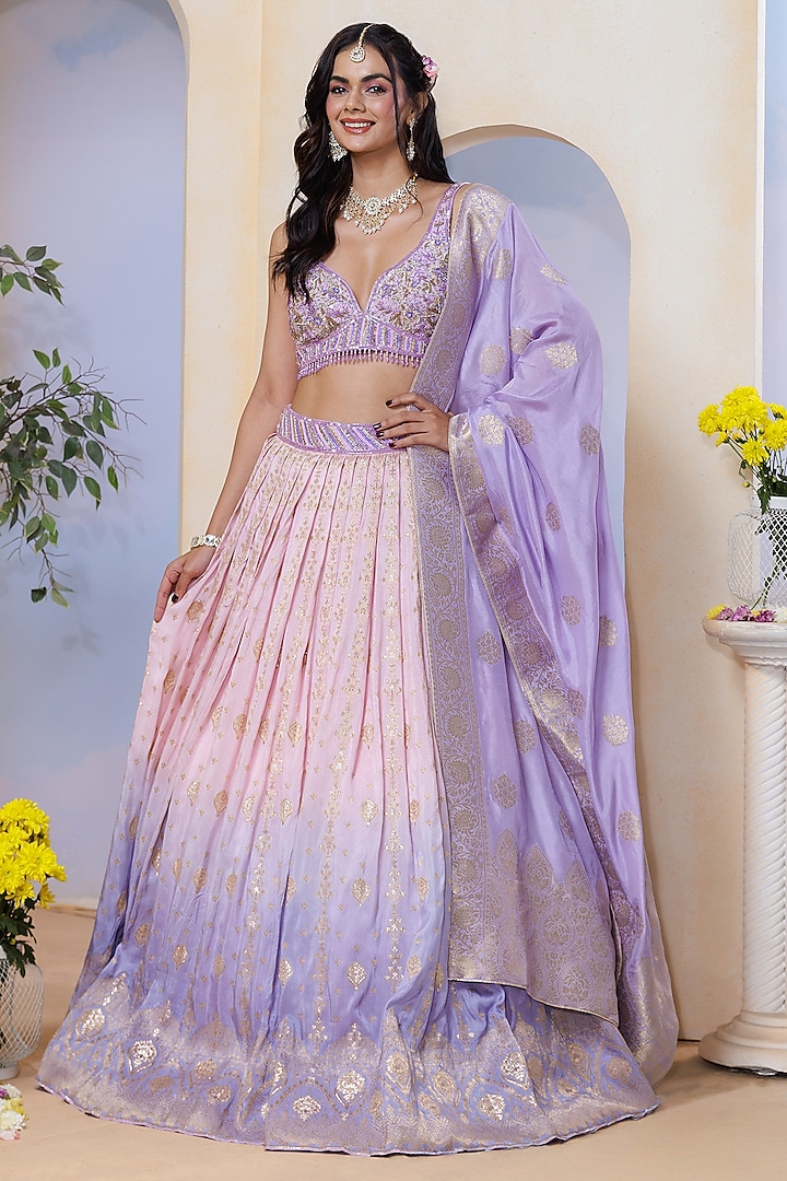 Lavender & Peach Ombre Silk Brocade Hand Embroidered & Floral Printed Wedding Lehenga Set by AJAY & PRIYANKA at Pernia's Pop Up Shop