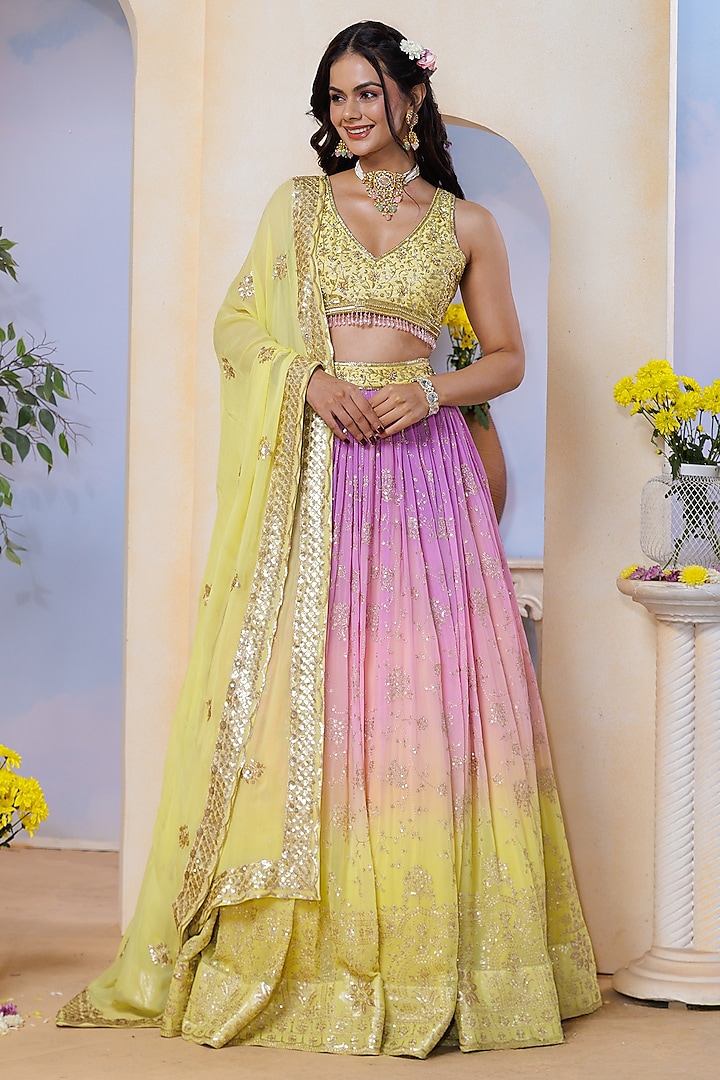 Yellow & Lilac Ombre Silk Brocade Hand Embroidered & Floral Printed Wedding Lehenga Set by AJAY & PRIYANKA at Pernia's Pop Up Shop