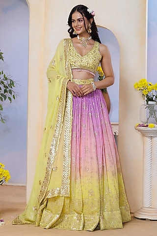 Yellow & Lilac Ombre Silk Brocade Hand Embroidered & Floral Printed Lehenga Set by AJAY & PRIYANKA