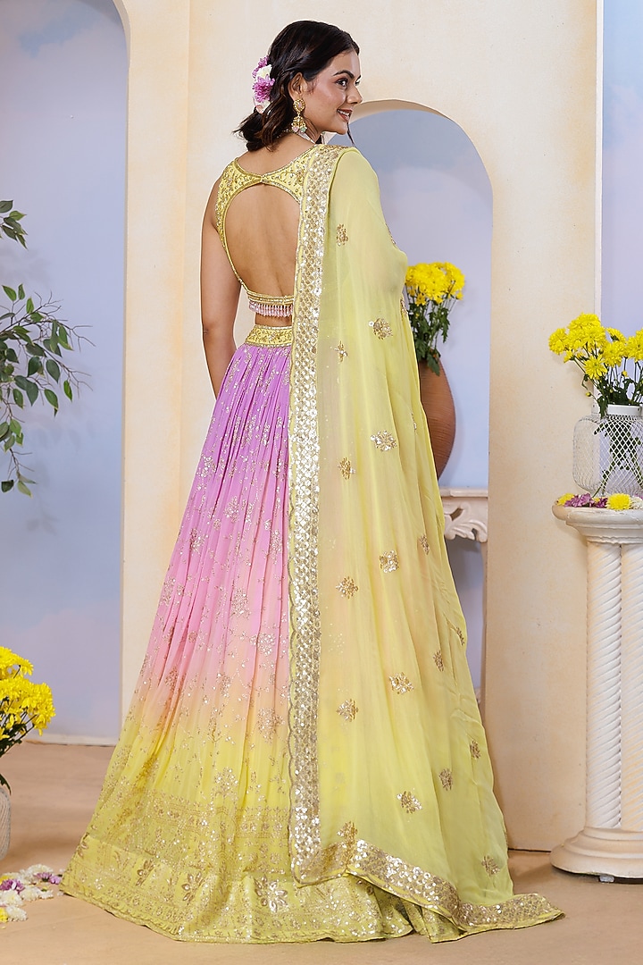 Yellow & Lilac Ombre Silk Brocade Hand Embroidered & Floral Printed Wedding Lehenga Set by AJAY & PRIYANKA at Pernia's Pop Up Shop