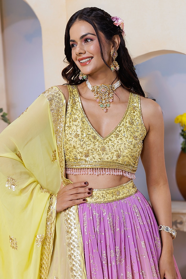 Yellow & Lilac Ombre Silk Brocade Hand Embroidered & Floral Printed Wedding Lehenga Set by AJAY & PRIYANKA at Pernia's Pop Up Shop