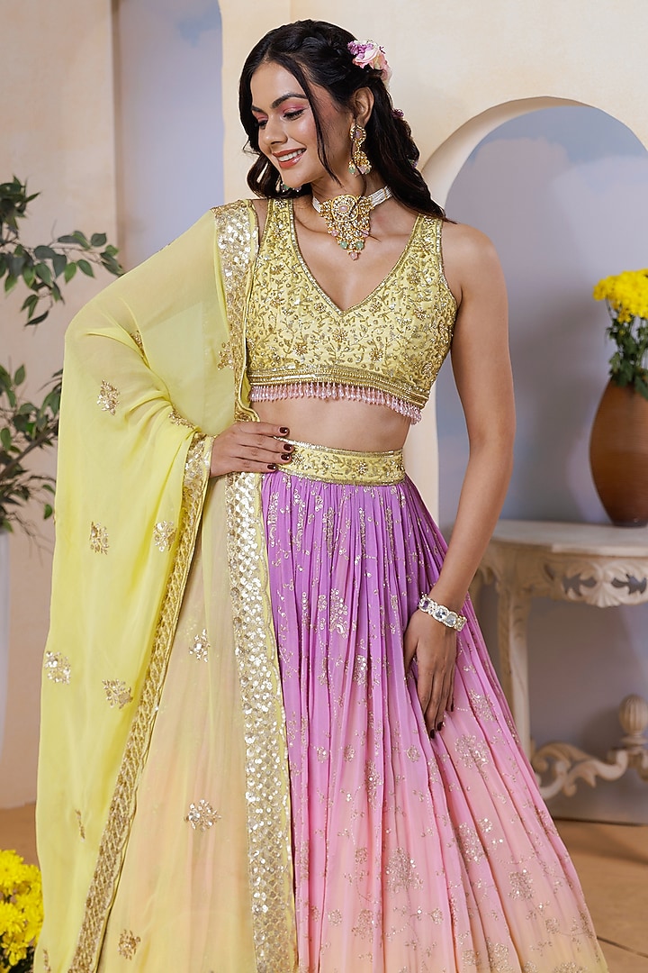 Yellow & Lilac Ombre Silk Brocade Hand Embroidered & Floral Printed Wedding Lehenga Set by AJAY & PRIYANKA at Pernia's Pop Up Shop