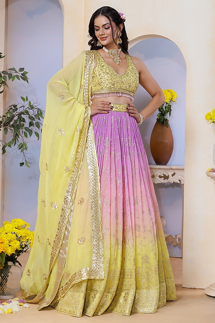 Yellow & Lilac Ombre Silk Brocade Hand Embroidered & Floral Printed Wedding Lehenga Set by AJAY & PRIYANKA at Pernia's Pop Up Shop