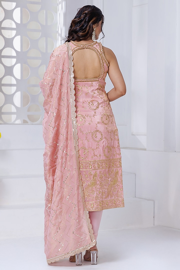 Onion Pink Silk Brocade Hand Embroidered & Floral Printed Kurta Set by AJAY & PRIYANKA at Pernia's Pop Up Shop
