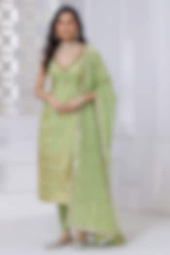 Pista Green Silk Brocade Hand Embroidered & Floral Printed Kurta Set by AJAY & PRIYANKA at Pernia's Pop Up Shop