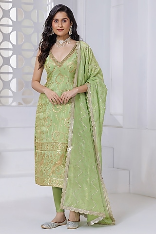 Pista Green Silk Brocade Hand Embroidered Floral Printed Kurta