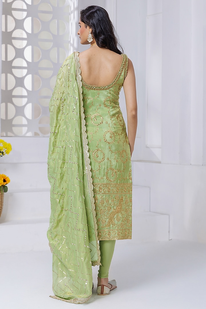 Pista Green Silk Brocade Hand Embroidered & Floral Printed Kurta Set by AJAY & PRIYANKA at Pernia's Pop Up Shop