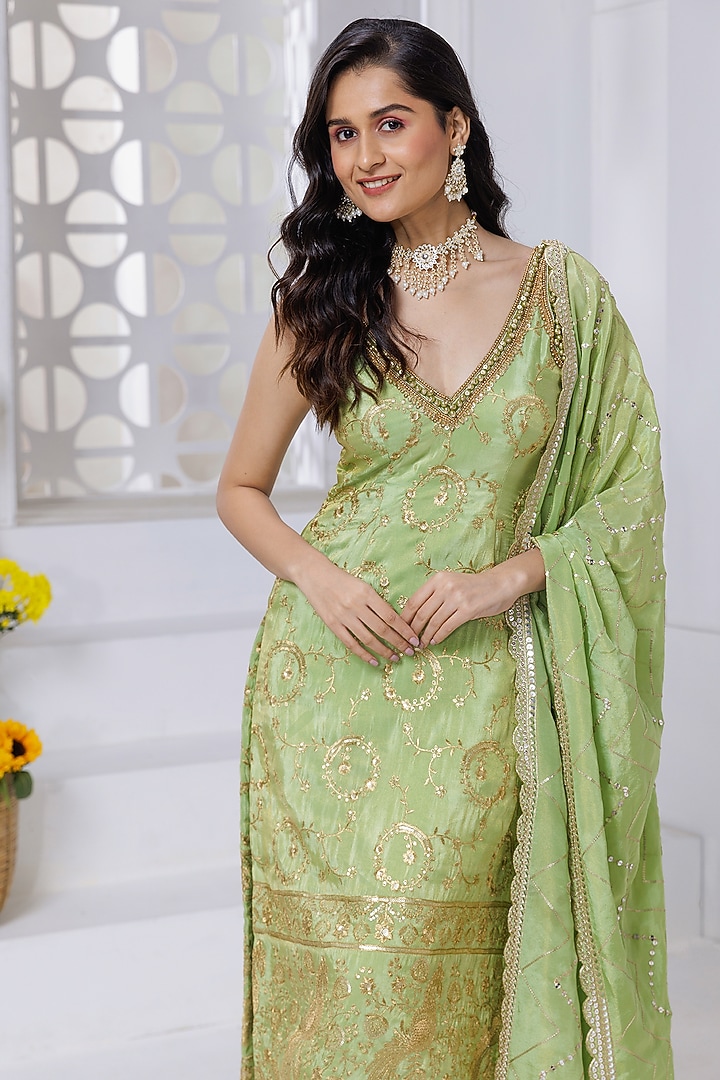 Pista Green Silk Brocade Hand Embroidered & Floral Printed Kurta Set by AJAY & PRIYANKA at Pernia's Pop Up Shop