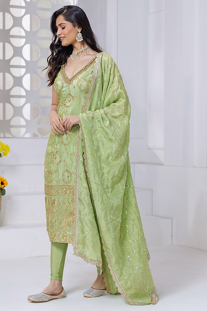 Pista Green Silk Brocade Hand Embroidered & Floral Printed Kurta Set by AJAY & PRIYANKA at Pernia's Pop Up Shop