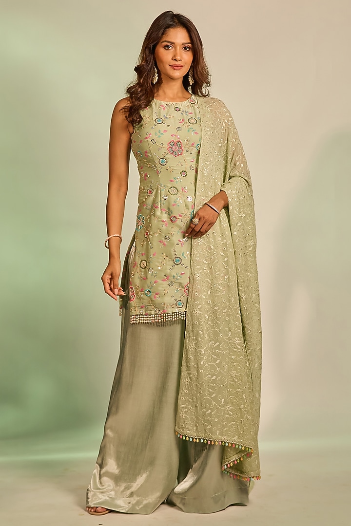 Pista Green Modal Satin Hand Embellished Party Wear Sharara Set by AJAY & PRIYANKA at Pernia's Pop Up Shop