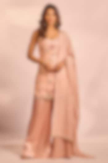 Peach Modal Satin Hand Embellished Party Wear Sharara Set by AJAY & PRIYANKA at Pernia's Pop Up Shop