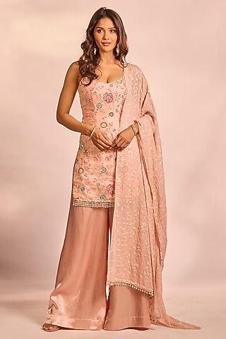 Peach Modal Satin Hand Embellished Sharara Set by AJAY & PRIYANKA
