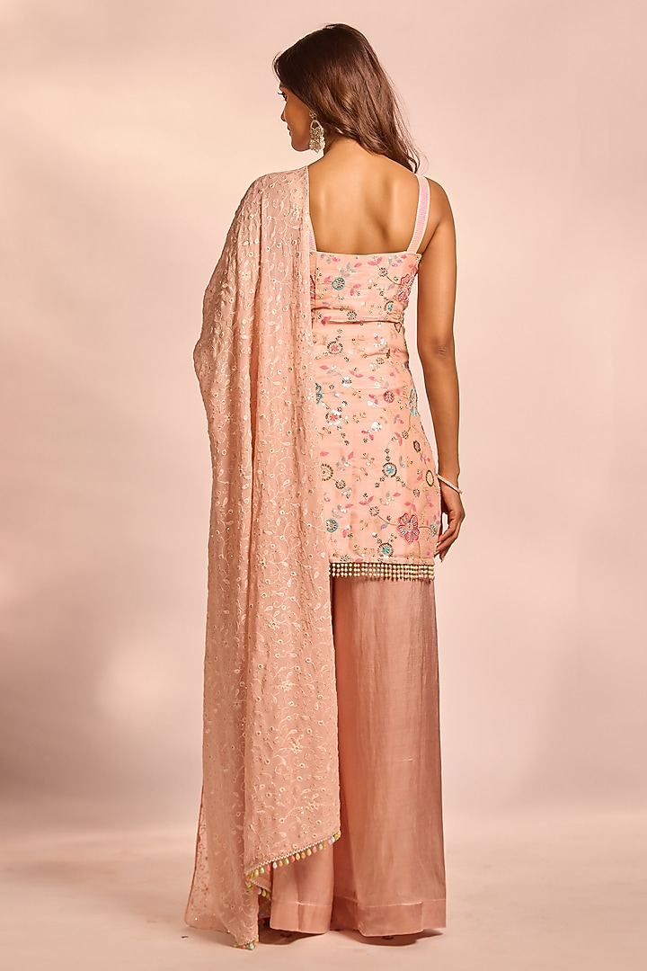 Peach Modal Satin Hand Embellished Party Wear Sharara Set by AJAY & PRIYANKA at Pernia's Pop Up Shop