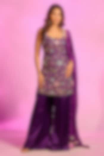 Violet Modal Satin Hand Embellished Party Wear Sharara Set by AJAY & PRIYANKA at Pernia's Pop Up Shop