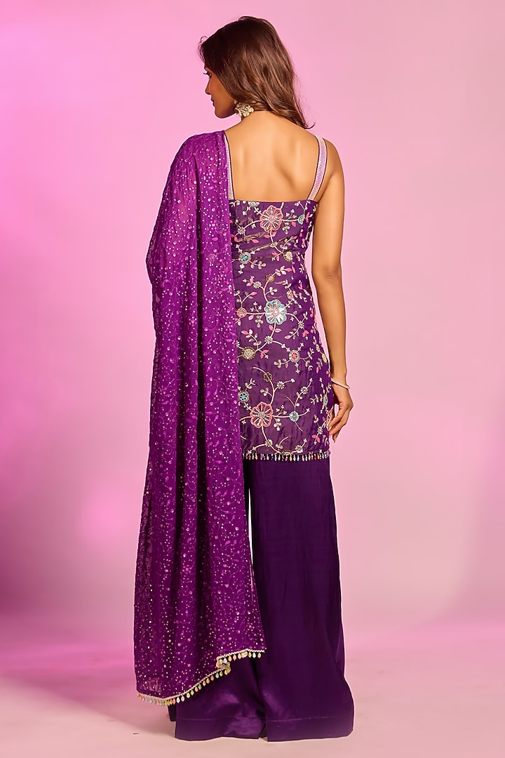 Violet Modal Satin Hand Embellished Party Wear Sharara Set by AJAY & PRIYANKA at Pernia's Pop Up Shop
