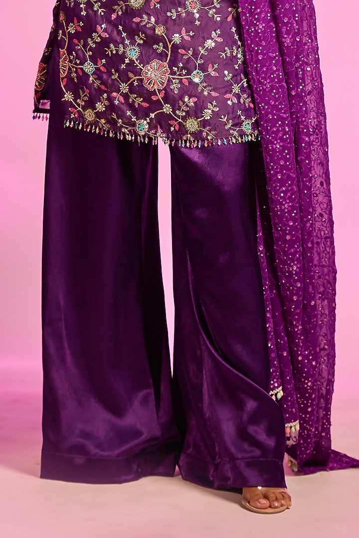 Violet Modal Satin Hand Embellished Party Wear Sharara Set by AJAY & PRIYANKA at Pernia's Pop Up Shop