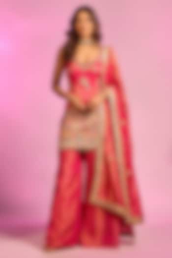 Magenta Pink Tissue Silk Hand Embellished Party Wear Sharara Set by AJAY & PRIYANKA at Pernia's Pop Up Shop
