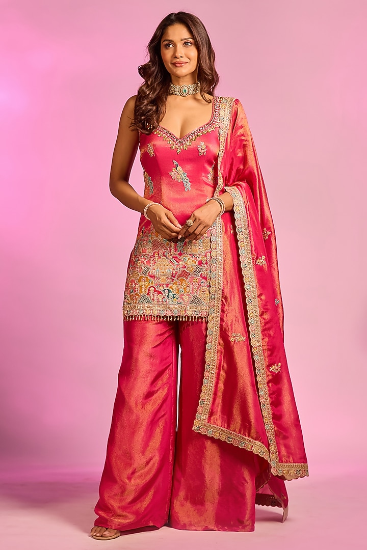 Magenta Pink Tissue Silk Hand Embellished Party Wear Sharara Set by AJAY & PRIYANKA at Pernia's Pop Up Shop