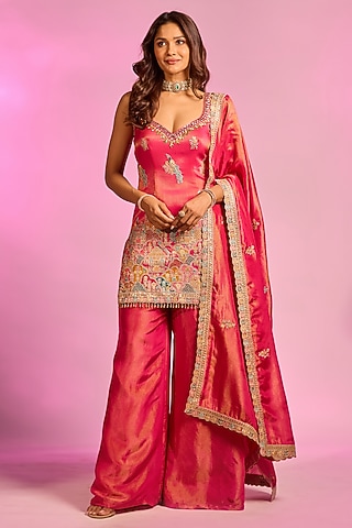 Magenta Pink Tissue Silk Hand Embellished Sharara Set by AJAY & PRIYANKA