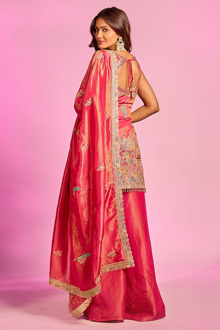 Magenta Pink Tissue Silk Hand Embellished Party Wear Sharara Set by AJAY & PRIYANKA at Pernia's Pop Up Shop