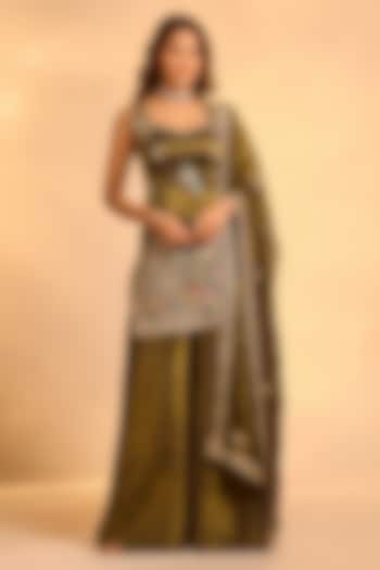 Mehendi Green Tissue Silk Hand Embellished Party Wear Sharara Set by AJAY & PRIYANKA at Pernia's Pop Up Shop