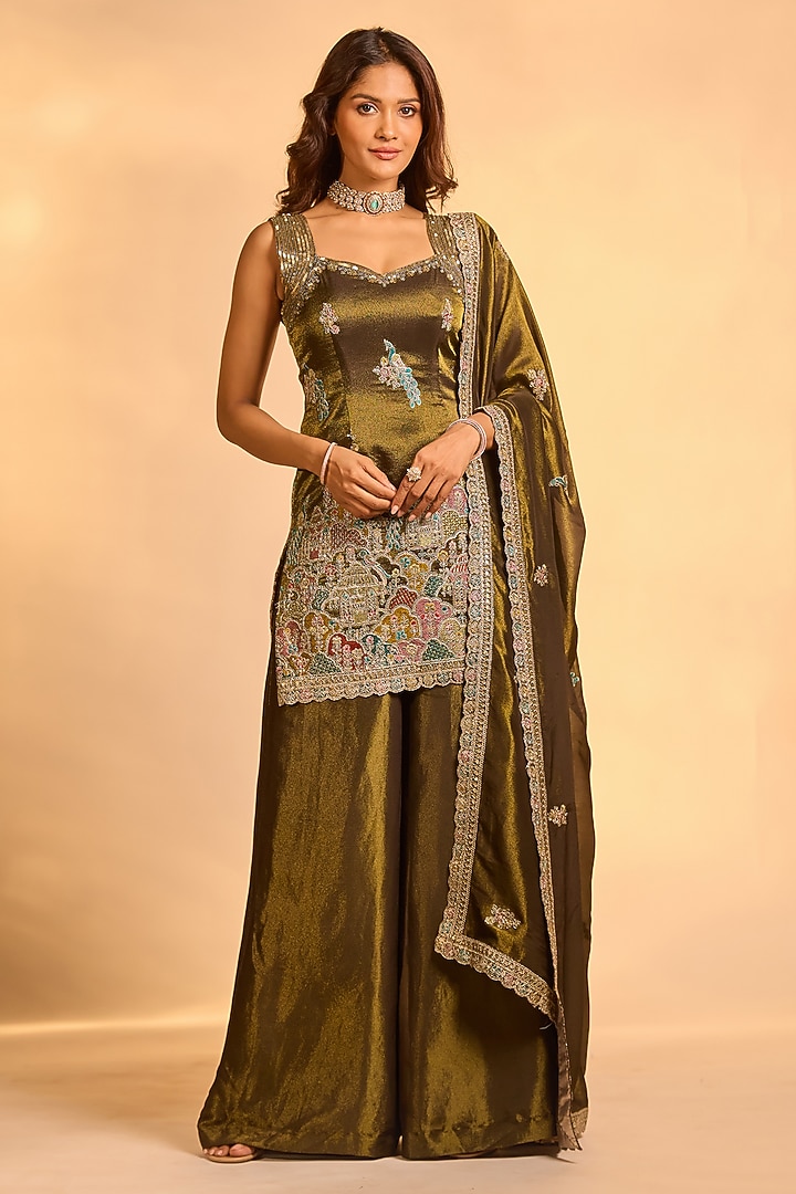 Mehendi Green Tissue Silk Hand Embellished Party Wear Sharara Set by AJAY & PRIYANKA at Pernia's Pop Up Shop