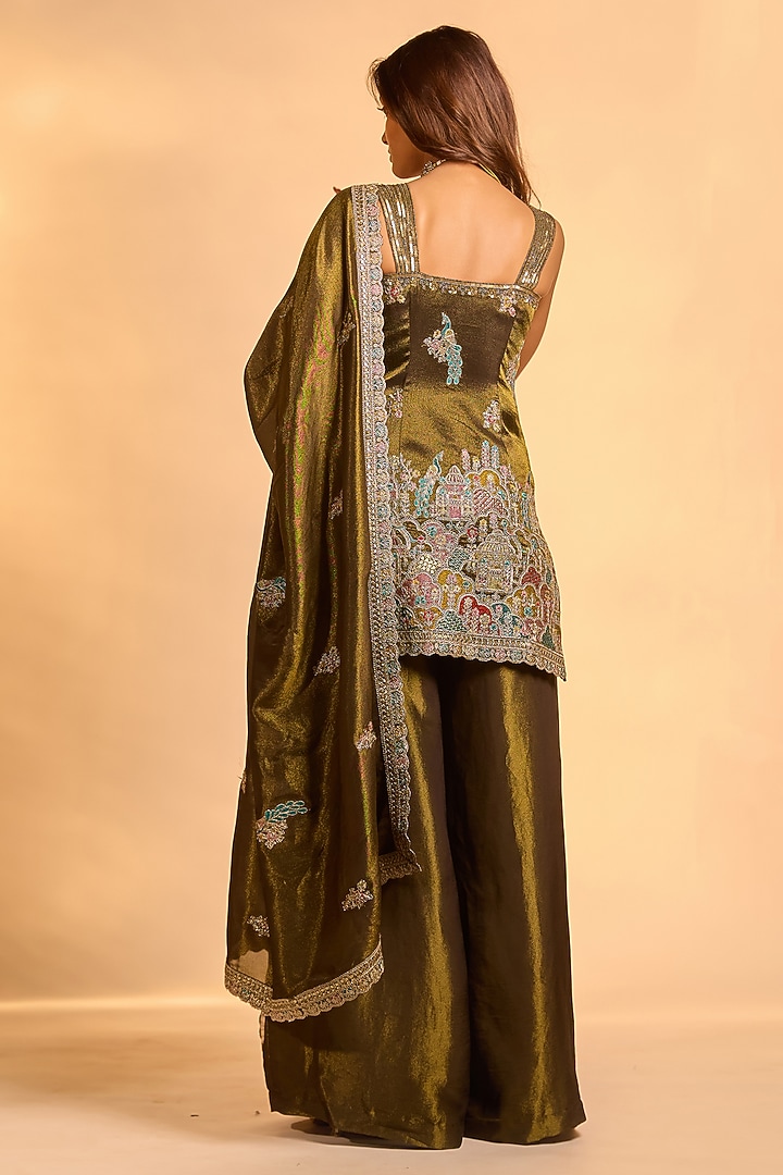 Mehendi Green Tissue Silk Hand Embellished Party Wear Sharara Set by AJAY & PRIYANKA at Pernia's Pop Up Shop