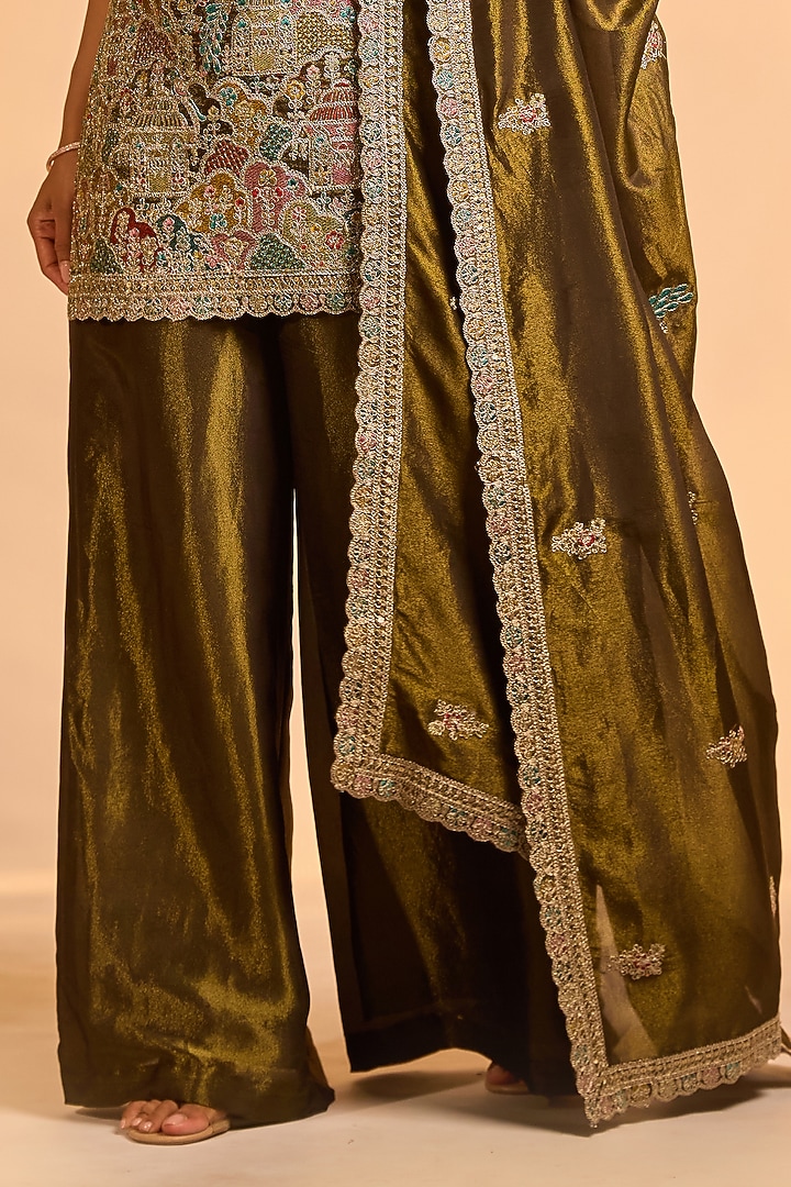 Mehendi Green Tissue Silk Hand Embellished Party Wear Sharara Set by AJAY & PRIYANKA at Pernia's Pop Up Shop
