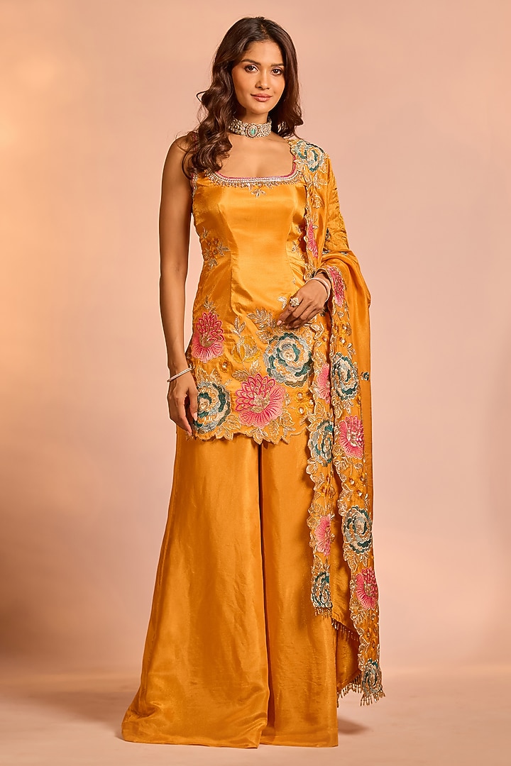 Orange Tissue Silk Hand Embellished Party Wear Sharara Set by AJAY & PRIYANKA at Pernia's Pop Up Shop