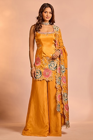 Orange Tissue Silk Hand Embellished Sharara Set by AJAY & PRIYANKA