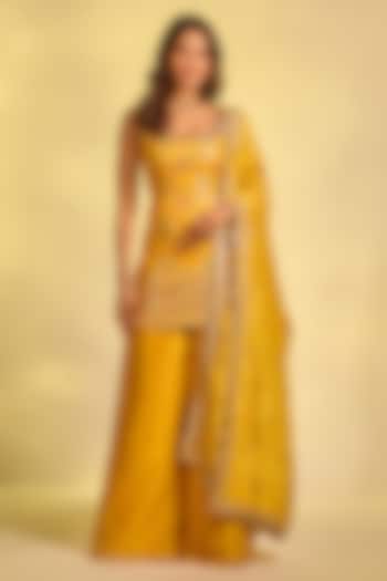 Mustard Yellow Tissue Hand Embellished Party Wear Sharara Set by AJAY & PRIYANKA at Pernia's Pop Up Shop