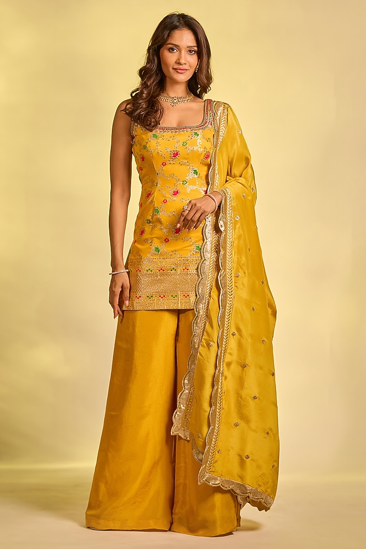 Mustard Yellow Tissue Hand Embellished Party Wear Sharara Set by AJAY & PRIYANKA at Pernia's Pop Up Shop