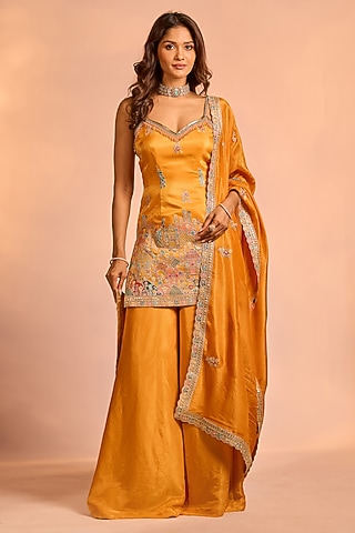 Orange Tissue Silk Hand Embellished Sharara Set by AJAY & PRIYANKA