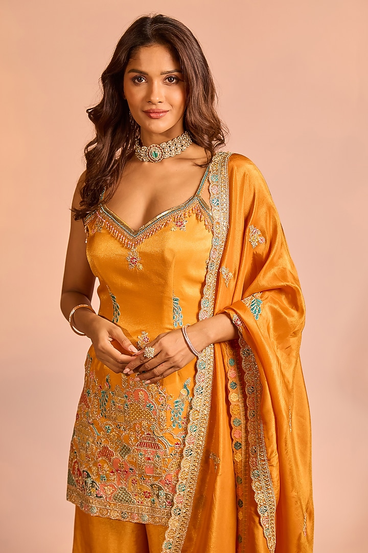 Orange Tissue Silk Hand Embellished Party Wear Sharara Set by AJAY & PRIYANKA at Pernia's Pop Up Shop